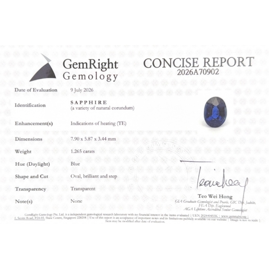 1.26ct Excellent Faceted Blue Sapphire GemRight Certified 