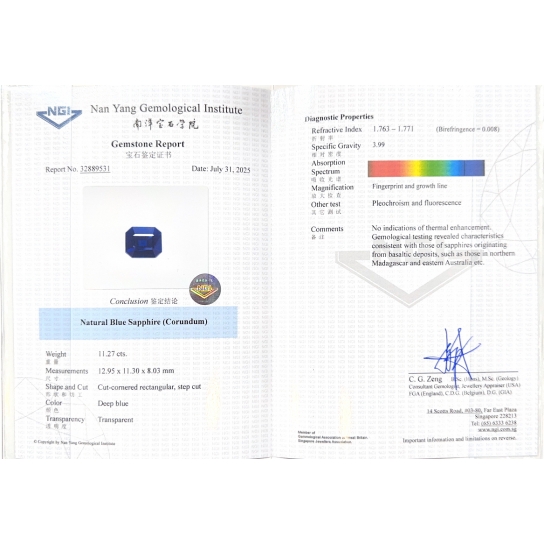 11.27ct Blue Sapphire NGI Certified