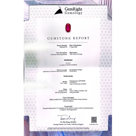 0.917ct Ruby Certified
