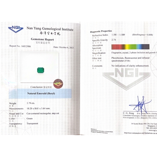 3.79ct Emerald NGI Certified 