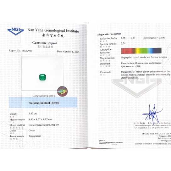 3.47ct Emerald NGI Certified 