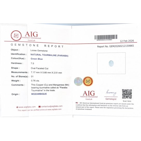 0.76ct Brilliant Cut Paraiba AIG certified 