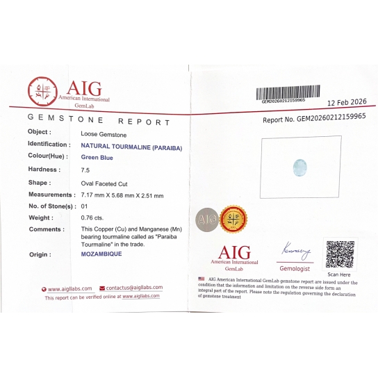 0.76ct Excellent Faceted Paraiba AIG Certifie