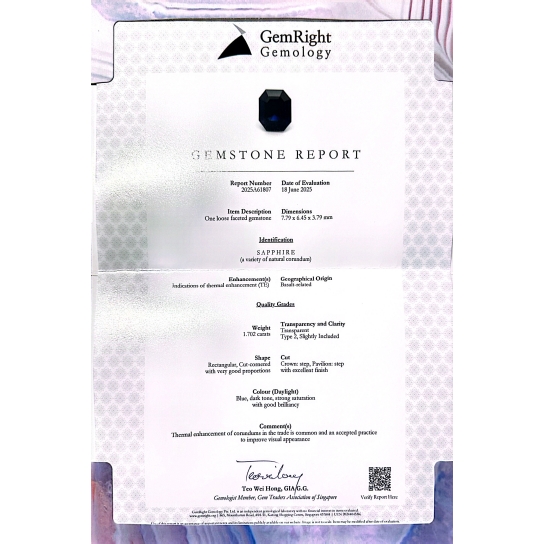 1.702ct Blue Sapphire Certified