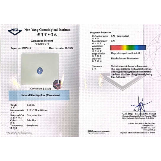 3.65ct Star Sapphire (NGI Certified) 