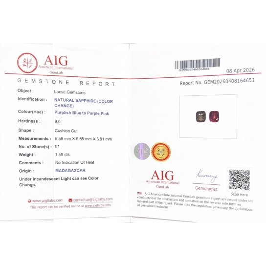 1.49ct Excellent Faceted Unheated Colour Changing Sapphire AIG certified 