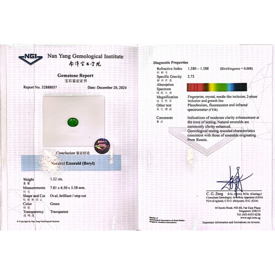 1.52ct Russian Emerald (NGI Certified)