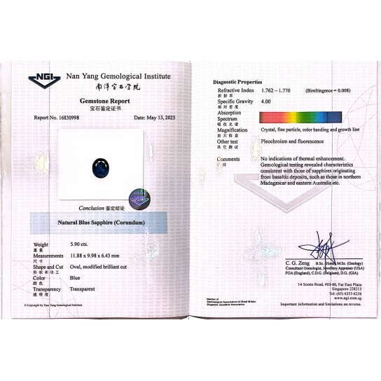 5.9ct Blue Sapphire (NGI Certified)