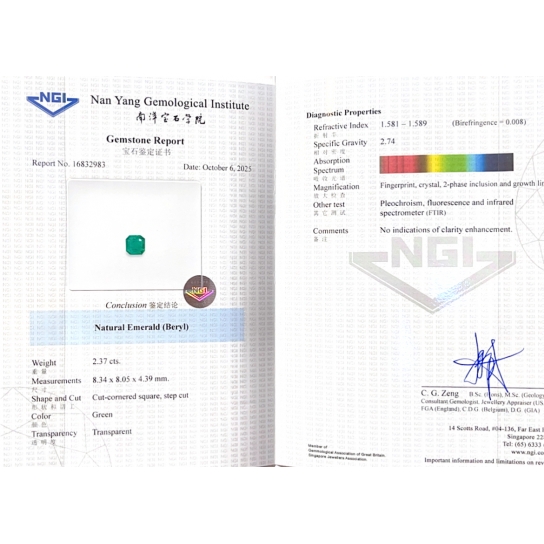 2.37ct Emerald NGI Certified
