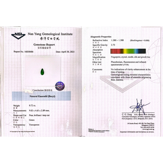 0.72ct Emerald No Oil (NGI Certified)