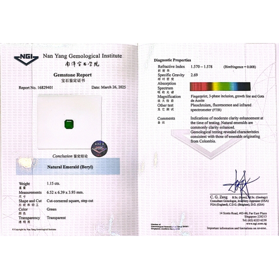 1.15ct Green Emerald (NGI Certified)
