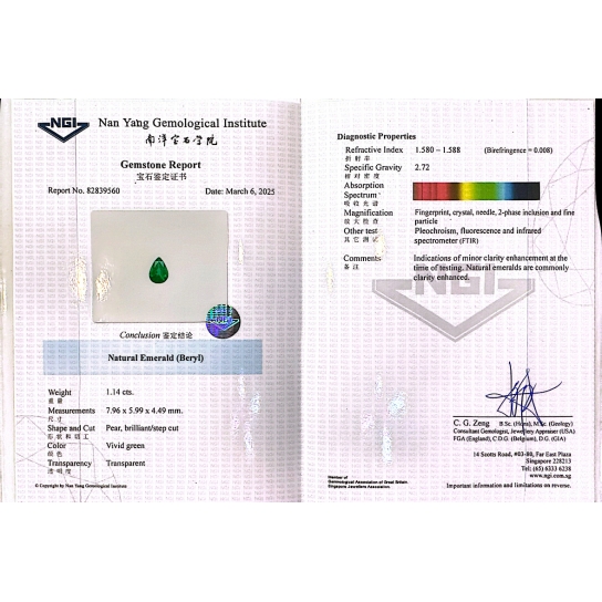 1.14ct Vivid Green Emerald 