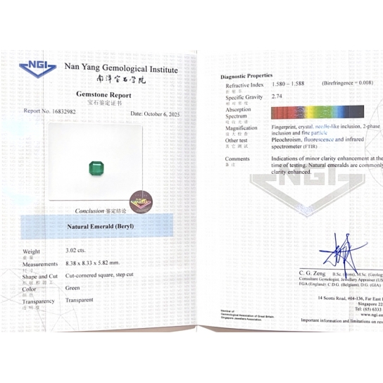 3.02ct Emerald NGI Certified