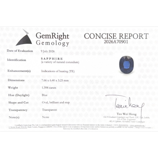 1.39ct Excellent Faceted Blue Sapphire