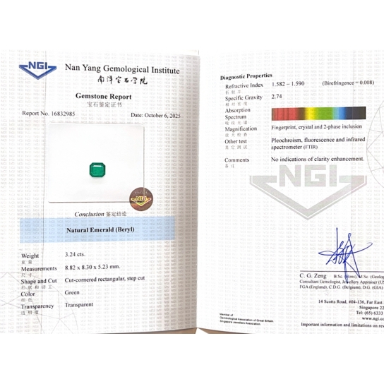 3.24ct Emerald NGI Certified 